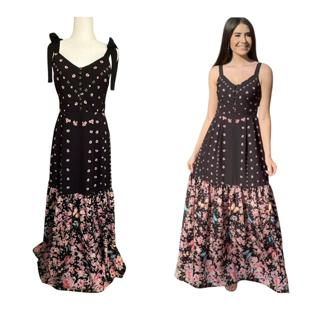 Antix Floral Maxi Dress M Black Cottagecore Butterfly Tie Strap Boho Romantic